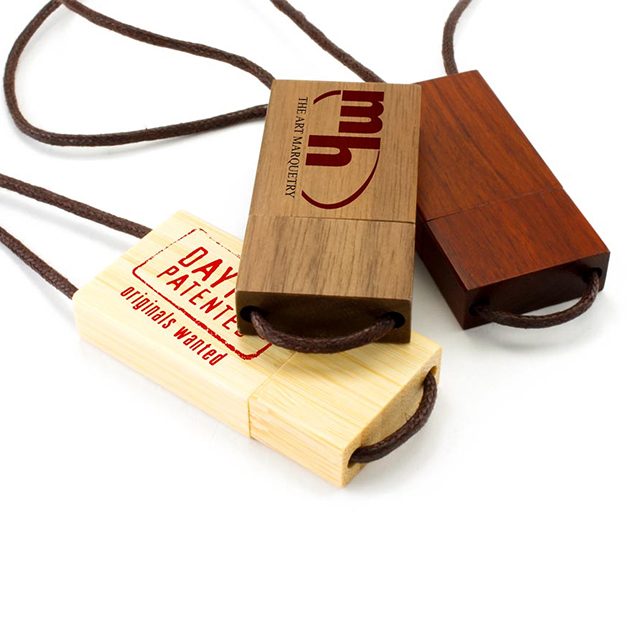 OEM 8GB 16GB Wood Bamboo Lanyard USB 2.0 3.0 Rectangle Flash Drive with Necklace